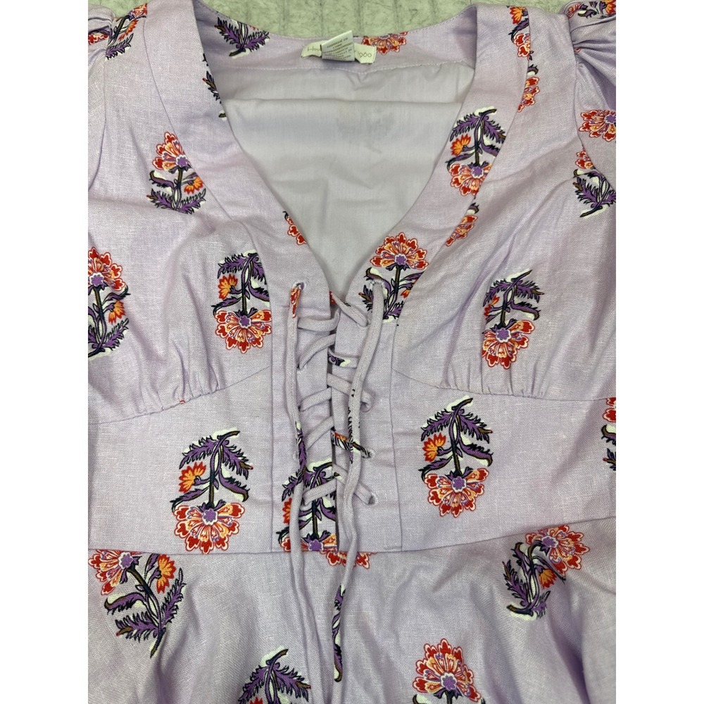House of Harlow 1960 Lilac Floral Linen Puff Sleeve Lace Up Mini Dress Size 2